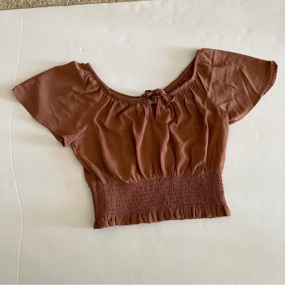 Baja Brown Tie Front Smocked Shirred Off Shoulder Top